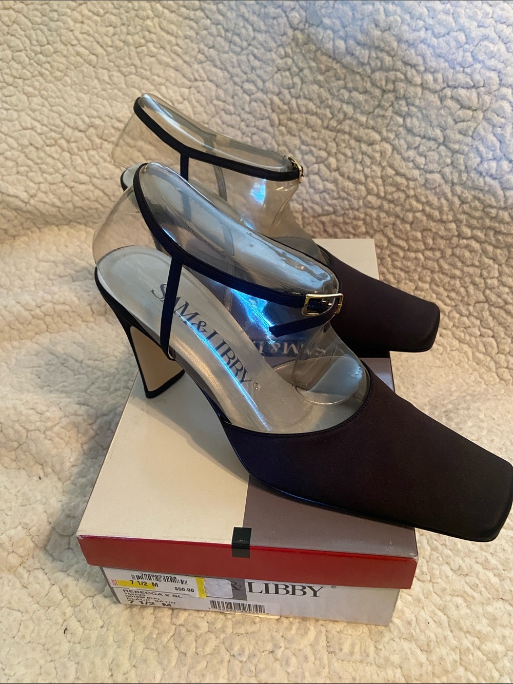 Sam & Libby Black Square-Toe Mary Jane Heels with Gold Buckle